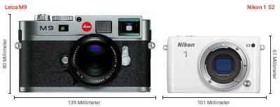 Größenvergleich: Leica M9 vs. Nikon 1 S2 Größenvergleich: Leica M9 vs. Nikon 1 S2