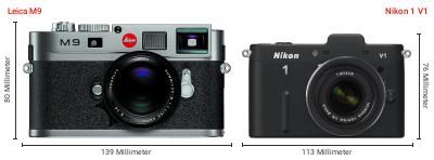 Größenvergleich: Leica M9 vs. Nikon 1 V1 Größenvergleich: Leica M9 vs. Nikon 1 V1