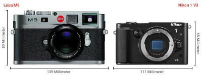 Größenvergleich: Leica M9 vs. Nikon 1 V3
