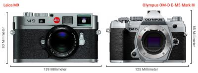 Größenvergleich: Leica M9 vs. OM System OM-D E-M5 Mark III Größenvergleich: Leica M9 vs. OM System OM-D E-M5 Mark III