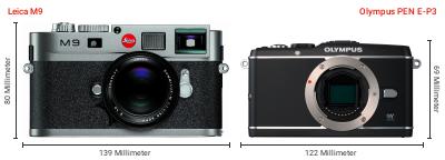 Größenvergleich: Leica M9 vs. OM System PEN E-P3 Größenvergleich: Leica M9 vs. OM System PEN E-P3
