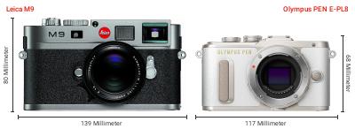 Größenvergleich: Leica M9 vs. OM System PEN E-PL8 Größenvergleich: Leica M9 vs. OM System PEN E-PL8