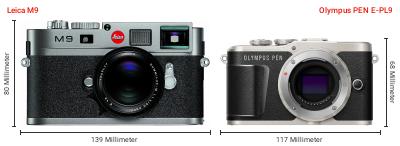 Größenvergleich: Leica M9 vs. OM System PEN E-PL9 Größenvergleich: Leica M9 vs. OM System PEN E-PL9
