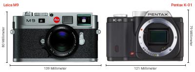 Größenvergleich: Leica M9 vs. Pentax K-01 Größenvergleich: Leica M9 vs. Pentax K-01