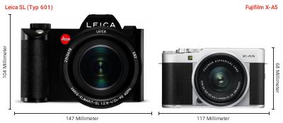 Größenvergleich: Leica SL (Typ 601) vs. Fujifilm X-A5 Größenvergleich: Leica SL (Typ 601) vs. Fujifilm X-A5
