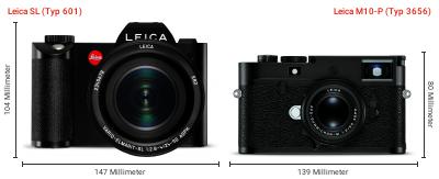 Größenvergleich: Leica SL (Typ 601) vs. Leica M10-P (Typ 3656) Größenvergleich: Leica SL (Typ 601) vs. Leica M10-P (Typ 3656)