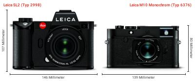 Größenvergleich: Leica SL2 (Typ 2998) vs. Leica M10 Monochrom (Typ 6376) Größenvergleich: Leica SL2 (Typ 2998) vs. Leica M10 Monochrom (Typ 6376)