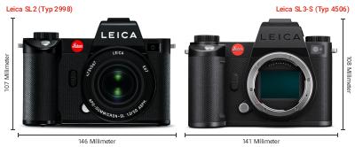 Größenvergleich: Leica SL2 (Typ 2998) vs. Leica SL3-S (Typ 4506) Größenvergleich: Leica SL2 (Typ 2998) vs. Leica SL3-S (Typ 4506)