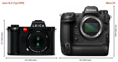 Größenvergleich: Leica SL2 (Typ 2998) vs. Nikon Z9 Größenvergleich: Leica SL2 (Typ 2998) vs. Nikon Z9