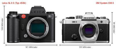 Größenvergleich: Leica SL3-S (Typ 4506) vs. OM System OM-3 Größenvergleich: Leica SL3-S (Typ 4506) vs. OM System OM-3