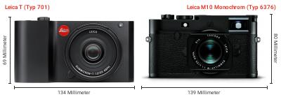 Größenvergleich: Leica T (Typ 701) vs. Leica M10 Monochrom (Typ 6376) Größenvergleich: Leica T (Typ 701) vs. Leica M10 Monochrom (Typ 6376)