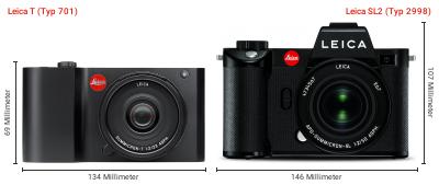 Größenvergleich: Leica T (Typ 701) vs. Leica SL2 (Typ 2998) Größenvergleich: Leica T (Typ 701) vs. Leica SL2 (Typ 2998)