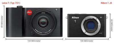 Größenvergleich: Leica T (Typ 701) vs. Nikon 1 J4 Größenvergleich: Leica T (Typ 701) vs. Nikon 1 J4