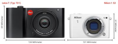 Größenvergleich: Leica T (Typ 701) vs. Nikon 1 S2 Größenvergleich: Leica T (Typ 701) vs. Nikon 1 S2