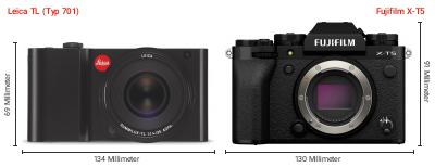 Größenvergleich: Leica TL (Typ 701) vs. Fujifilm X-T5 Größenvergleich: Leica TL (Typ 701) vs. Fujifilm X-T5
