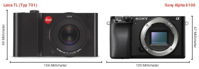 Größenvergleich: Leica TL (Typ 701) vs. Sony Alpha 6100 Größenvergleich: Leica TL (Typ 701) vs. Sony Alpha 6100