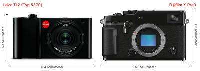 Größenvergleich: Leica TL2 (Typ 5370) vs. Fujifilm X-Pro3 Größenvergleich: Leica TL2 (Typ 5370) vs. Fujifilm X-Pro3