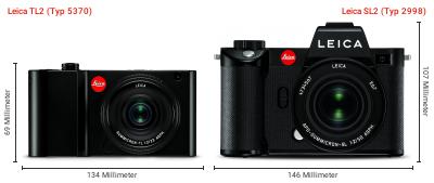 Größenvergleich: Leica TL2 (Typ 5370) vs. Leica SL2 (Typ 2998) Größenvergleich: Leica TL2 (Typ 5370) vs. Leica SL2 (Typ 2998)