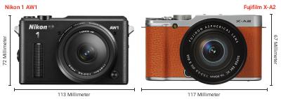 Größenvergleich: Nikon 1 AW1 vs. Fujifilm X-A2 Größenvergleich: Nikon 1 AW1 vs. Fujifilm X-A2