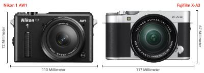 Größenvergleich: Nikon 1 AW1 vs. Fujifilm X-A3 Größenvergleich: Nikon 1 AW1 vs. Fujifilm X-A3