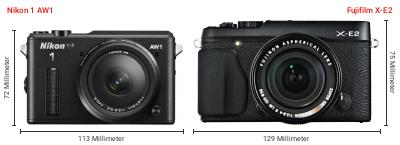 Größenvergleich: Nikon 1 AW1 vs. Fujifilm X-E2 Größenvergleich: Nikon 1 AW1 vs. Fujifilm X-E2