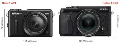 Größenvergleich: Nikon 1 AW1 vs. Fujifilm X-E2S Größenvergleich: Nikon 1 AW1 vs. Fujifilm X-E2S