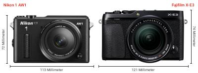 Größenvergleich: Nikon 1 AW1 vs. Fujifilm X-E3 Größenvergleich: Nikon 1 AW1 vs. Fujifilm X-E3