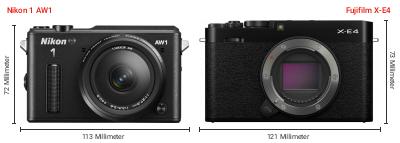 Größenvergleich: Nikon 1 AW1 vs. Fujifilm X-E4