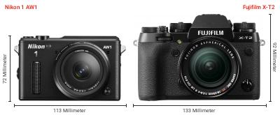 Größenvergleich: Nikon 1 AW1 vs. Fujifilm X-T2 Größenvergleich: Nikon 1 AW1 vs. Fujifilm X-T2