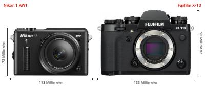 Größenvergleich: Nikon 1 AW1 vs. Fujifilm X-T3 Größenvergleich: Nikon 1 AW1 vs. Fujifilm X-T3