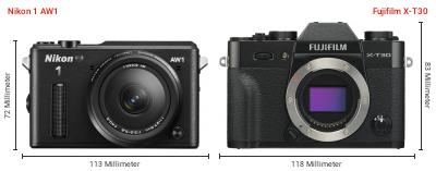 Größenvergleich: Nikon 1 AW1 vs. Fujifilm X-T30 Größenvergleich: Nikon 1 AW1 vs. Fujifilm X-T30