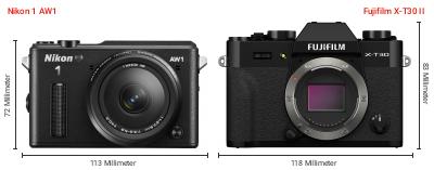 Größenvergleich: Nikon 1 AW1 vs. Fujifilm X-T30 II
