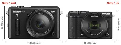 Größenvergleich: Nikon 1 AW1 vs. Nikon 1 J5 Größenvergleich: Nikon 1 AW1 vs. Nikon 1 J5