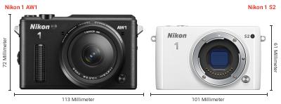 Größenvergleich: Nikon 1 AW1 vs. Nikon 1 S2 Größenvergleich: Nikon 1 AW1 vs. Nikon 1 S2