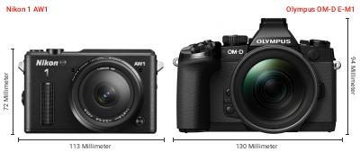 Größenvergleich: Nikon 1 AW1 vs. OM System OM-D E-M1 Größenvergleich: Nikon 1 AW1 vs. OM System OM-D E-M1