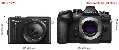Größenvergleich: Nikon 1 AW1 vs. OM System OM-D E-M1 Mark II Größenvergleich: Nikon 1 AW1 vs. OM System OM-D E-M1 Mark II