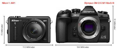 Größenvergleich: Nikon 1 AW1 vs. OM System OM-D E-M1 Mark III
