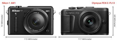 Größenvergleich: Nikon 1 AW1 vs. OM System PEN E-PL10