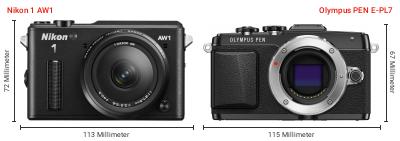 Größenvergleich: Nikon 1 AW1 vs. OM System PEN E-PL7