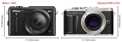 Größenvergleich: Nikon 1 AW1 vs. OM System PEN E-PL9