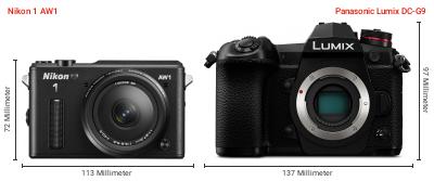 Größenvergleich: Nikon 1 AW1 vs. Panasonic Lumix DC-G9 Größenvergleich: Nikon 1 AW1 vs. Panasonic Lumix DC-G9