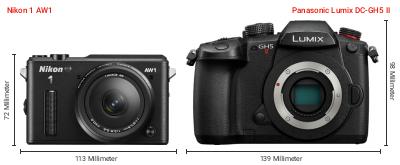 Größenvergleich: Nikon 1 AW1 vs. Panasonic Lumix DC-GH5 II