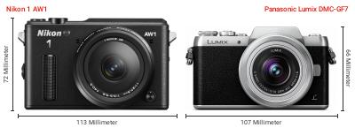 Größenvergleich: Nikon 1 AW1 vs. Panasonic Lumix DMC-GF7 Größenvergleich: Nikon 1 AW1 vs. Panasonic Lumix DMC-GF7