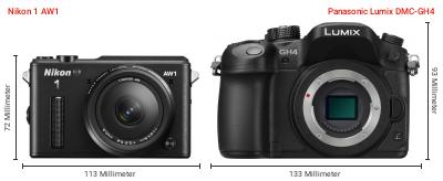Größenvergleich: Nikon 1 AW1 vs. Panasonic Lumix DMC-GH4