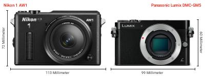 Größenvergleich: Nikon 1 AW1 vs. Panasonic Lumix DMC-GM5