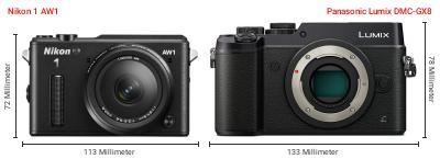Größenvergleich: Nikon 1 AW1 vs. Panasonic Lumix DMC-GX8 Größenvergleich: Nikon 1 AW1 vs. Panasonic Lumix DMC-GX8