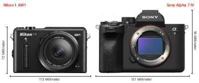 Größenvergleich: Nikon 1 AW1 vs. Sony Alpha 7 IV