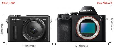 Größenvergleich: Nikon 1 AW1 vs. Sony Alpha 7R Größenvergleich: Nikon 1 AW1 vs. Sony Alpha 7R