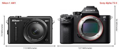 Größenvergleich: Nikon 1 AW1 vs. Sony Alpha 7S II Größenvergleich: Nikon 1 AW1 vs. Sony Alpha 7S II