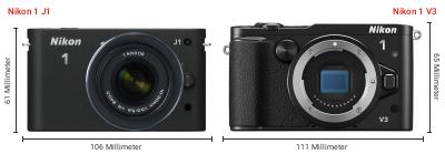 Größenvergleich: Nikon 1 J1 vs. Nikon 1 V3 Größenvergleich: Nikon 1 J1 vs. Nikon 1 V3